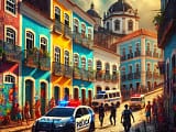 DALL·E 2025 01 14 09.30.49 A vibrant and dramatic depiction of the Pelourinho in Salvador Bahia with colorful colonial architecture viaturas policiais police cars and subt