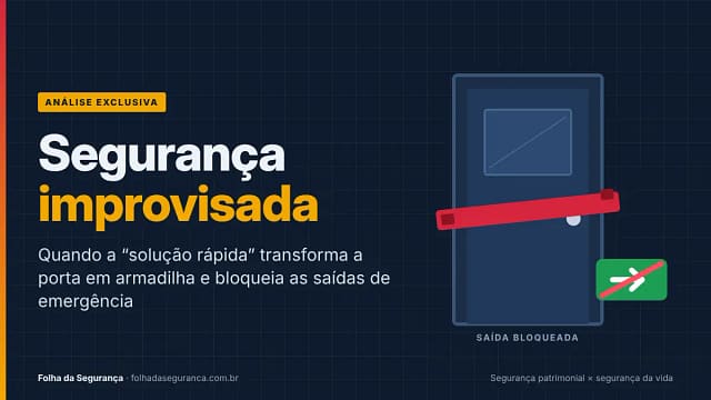 Segurança improvisada: porta de sala bloqueada por barricada e saída de emergência obstruída