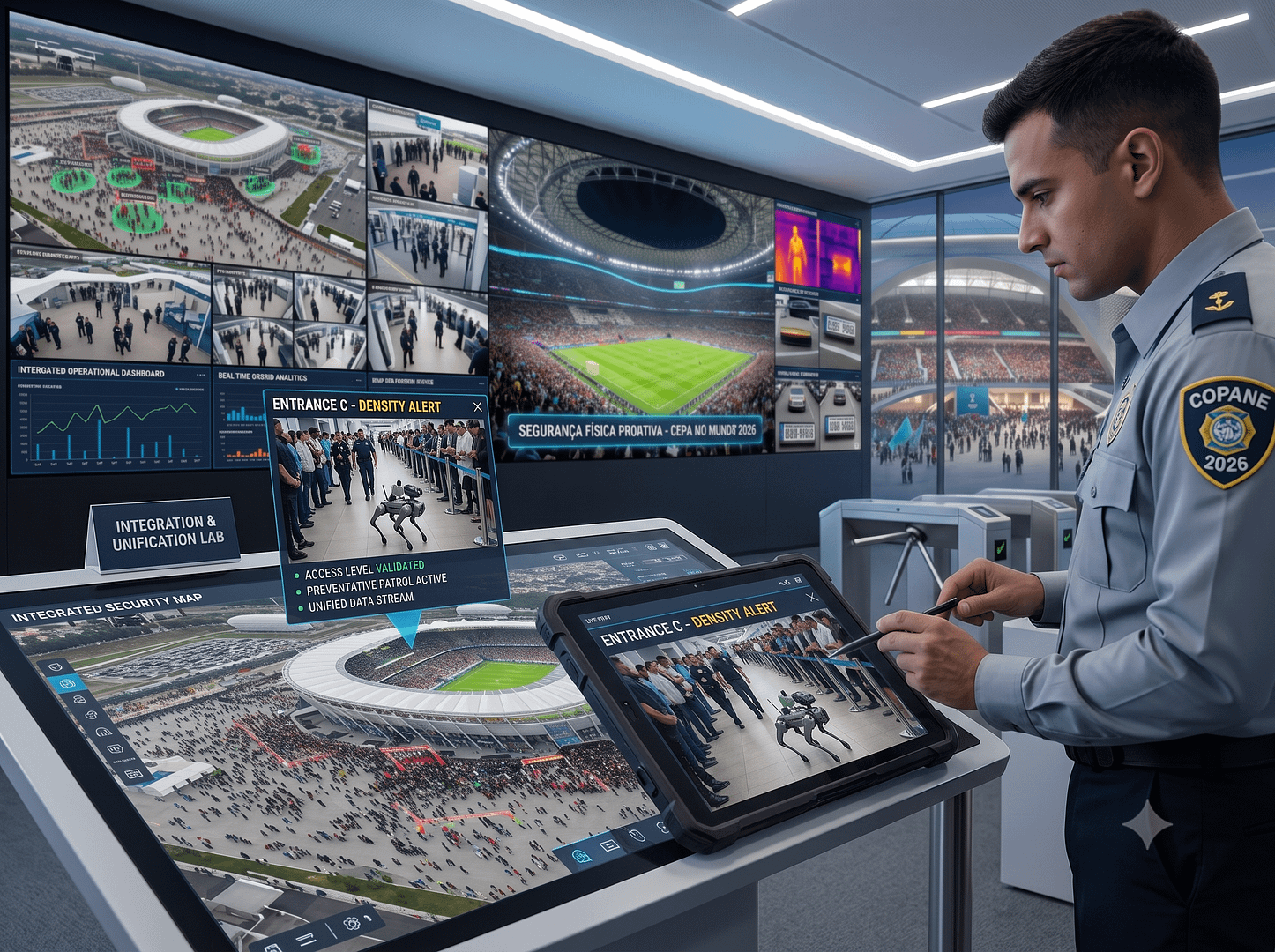 Segurança nos estádios é prioridade na Copa do Mundo 2026 2 Operador de campo acessando a plataforma unificada Genetec Security Center em um tablet perto da entrada do estádio
