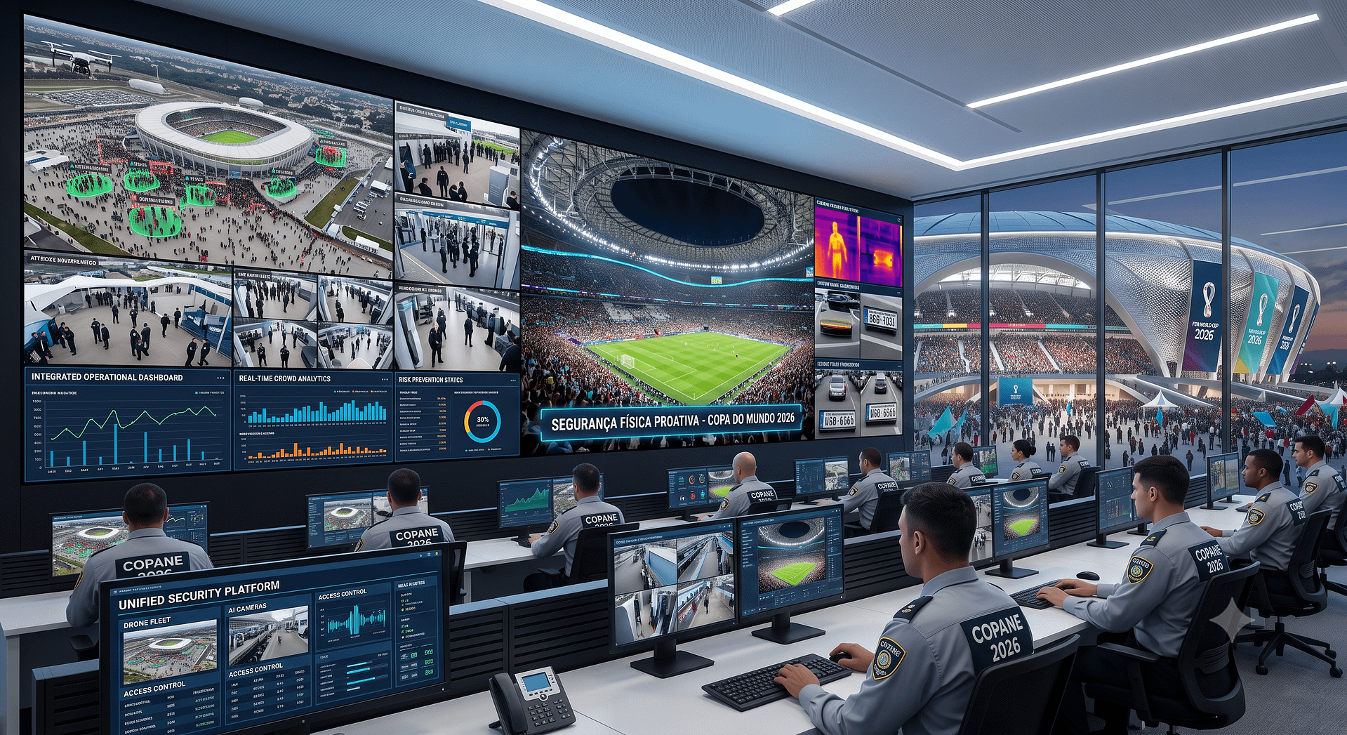 Segurança nos estádios é prioridade na Copa do Mundo 2026 2 Centro de comando integrado avaliando os desafios de seguran a para a Copa do Mundo de 2026 com monitoramento por intelig ncia artificial