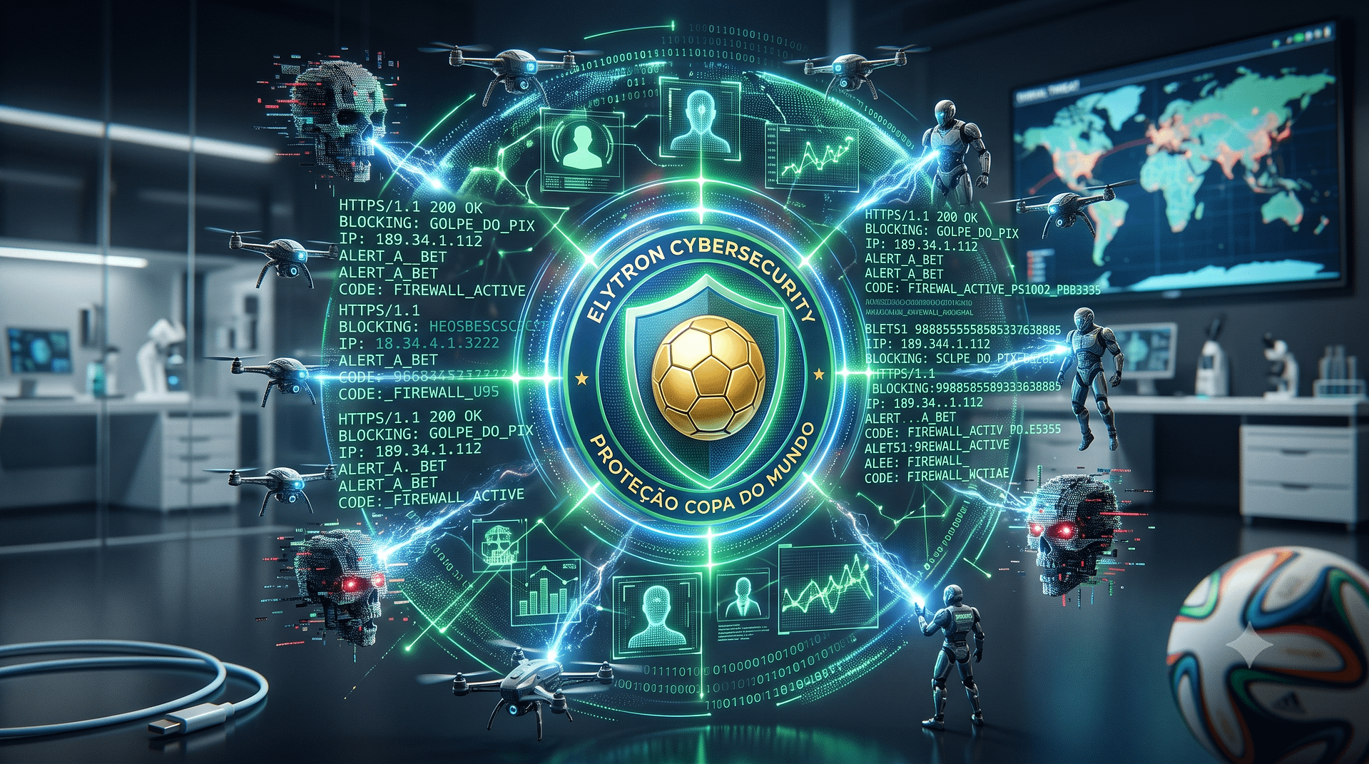 Copa do Mundo entra em campo — e os cibercriminosos também 2 Representação de IA generativa e engenharia social focada em golpes digitais.